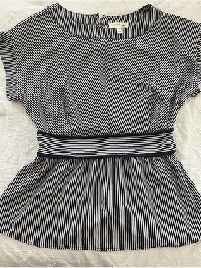 Monteau Navy Blue and White Striped Peplum Waist Top